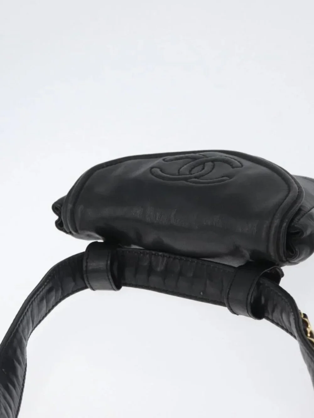CHANEL COCO Mark Chain Waist Bag Lamb Skin Black Gold CC Auth BA11165